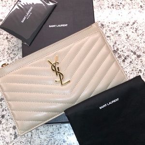 YSL Monogram Matelassé Leather Pouch in Sea Salt